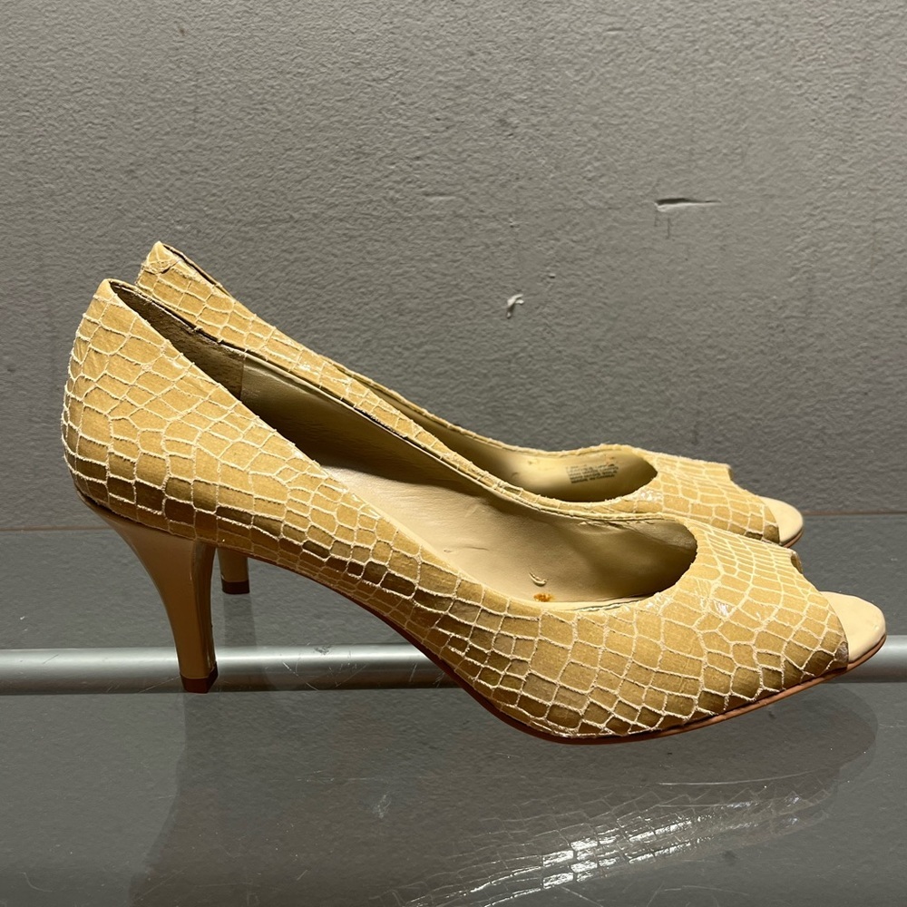 Michelle D Elegant Tan Peep-Toe Heels
